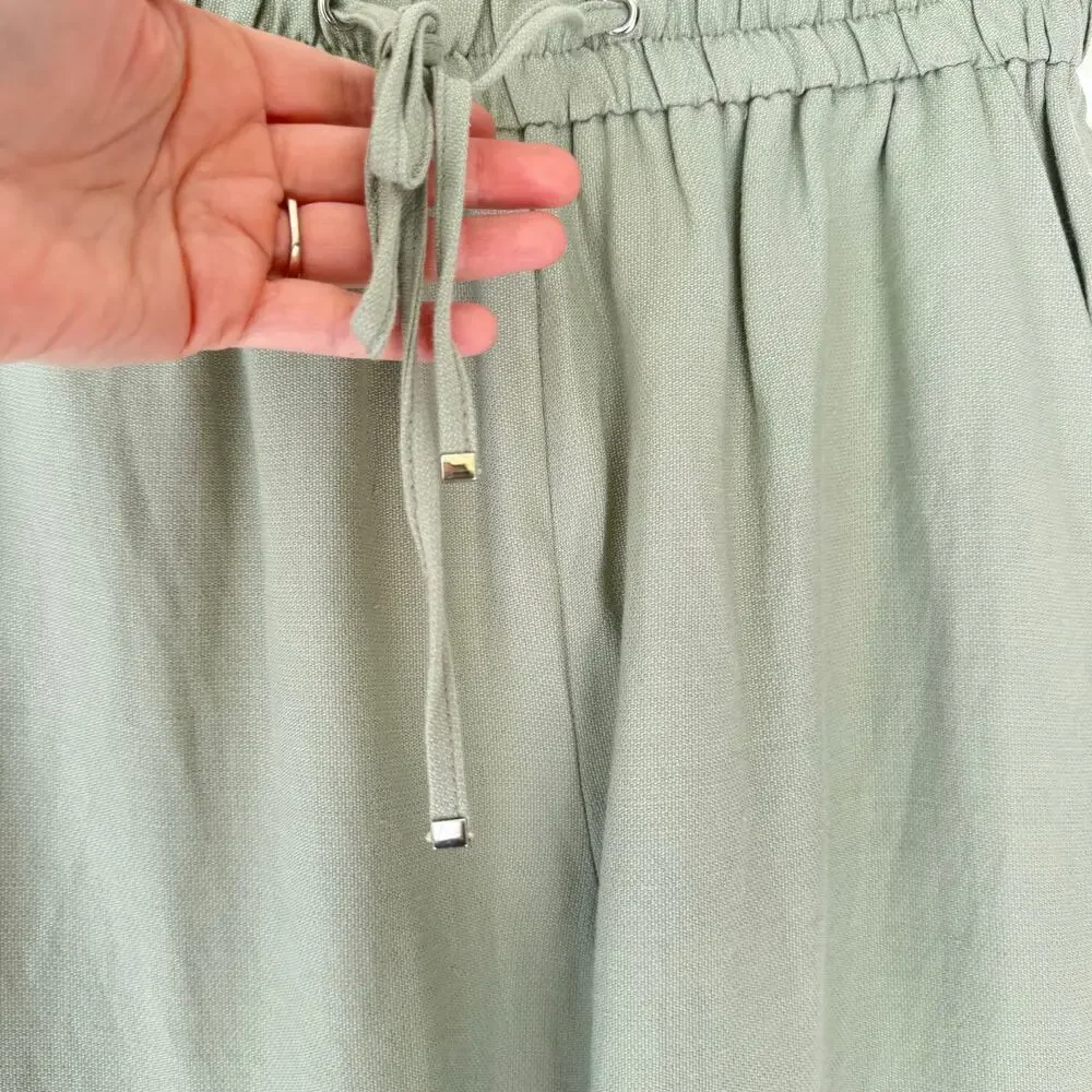 NEW Zara Women Linen Blend Pull On Pant Size S Elastic Waist Beachy Casual Green